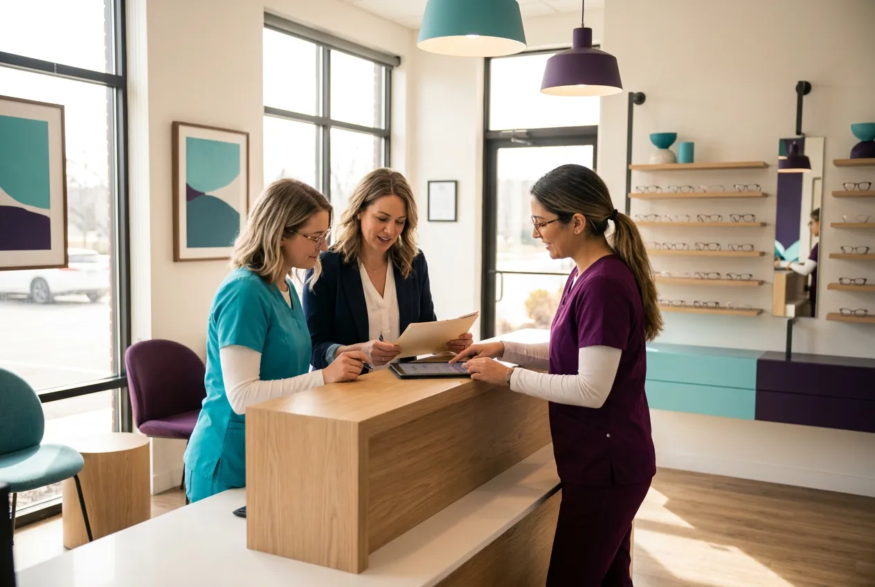 Optometry practice team members reviewing paperwork at the front desk