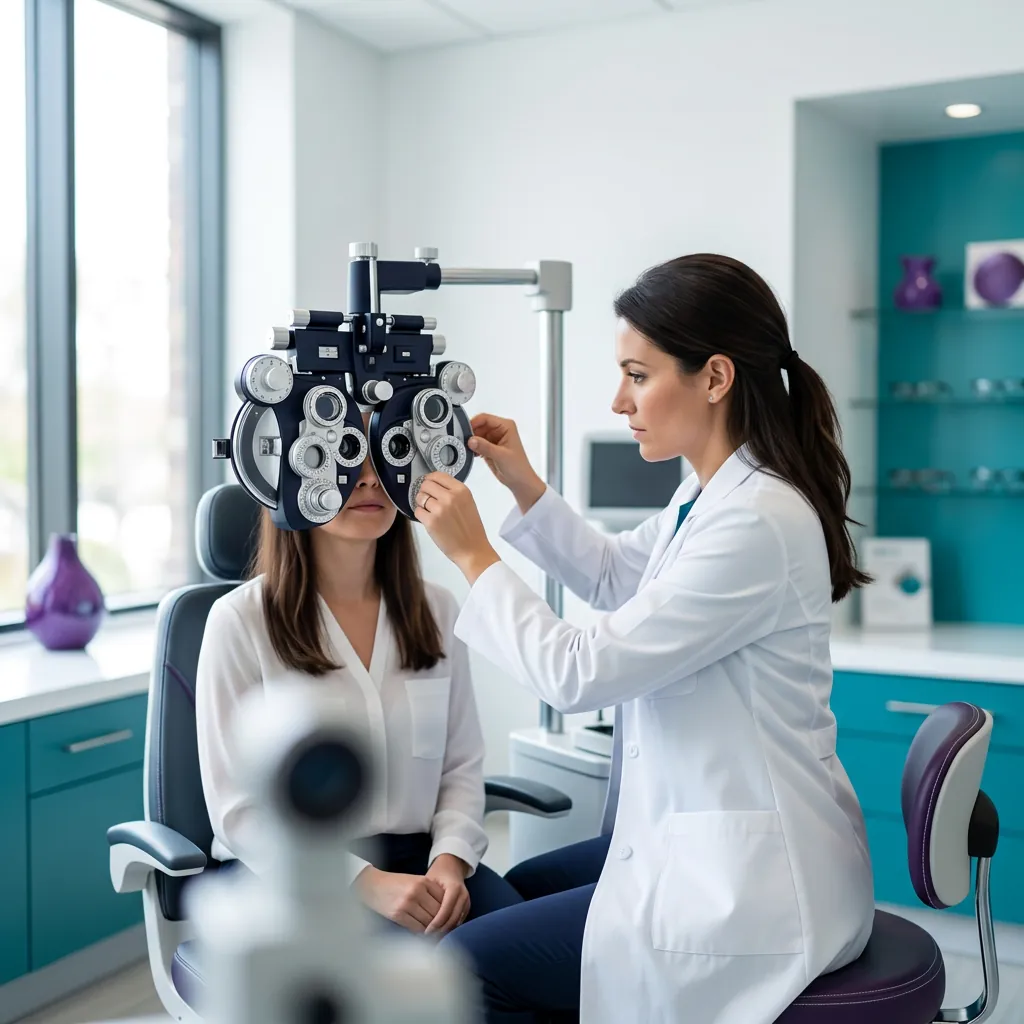An optometrist adjusting a phoropter during an eye exam